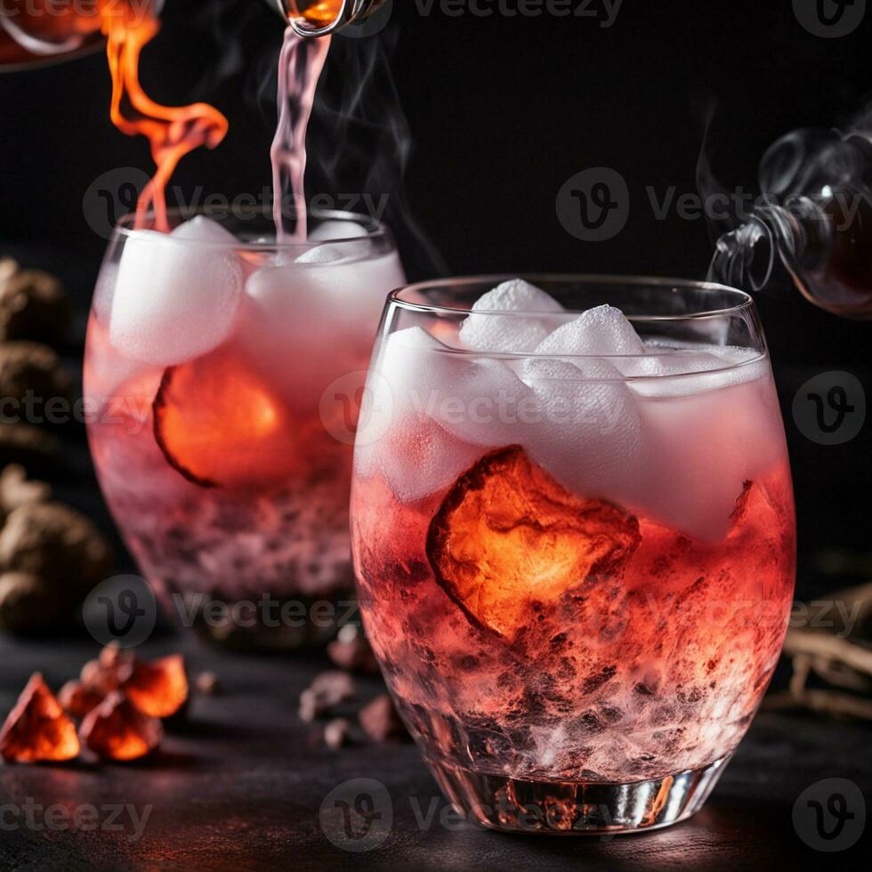 AI generated Dragon's Breath Elixir, A mesmerizing drink featuring a smoky effect created with dry ice. ai generative photo