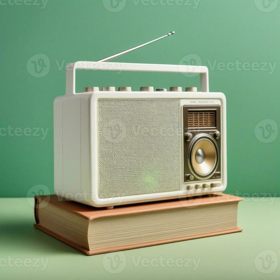 AI generated A modern radio in a plain white vintage design sits on top of a plain white hardcover book. Isolated on green background. ai generative photo