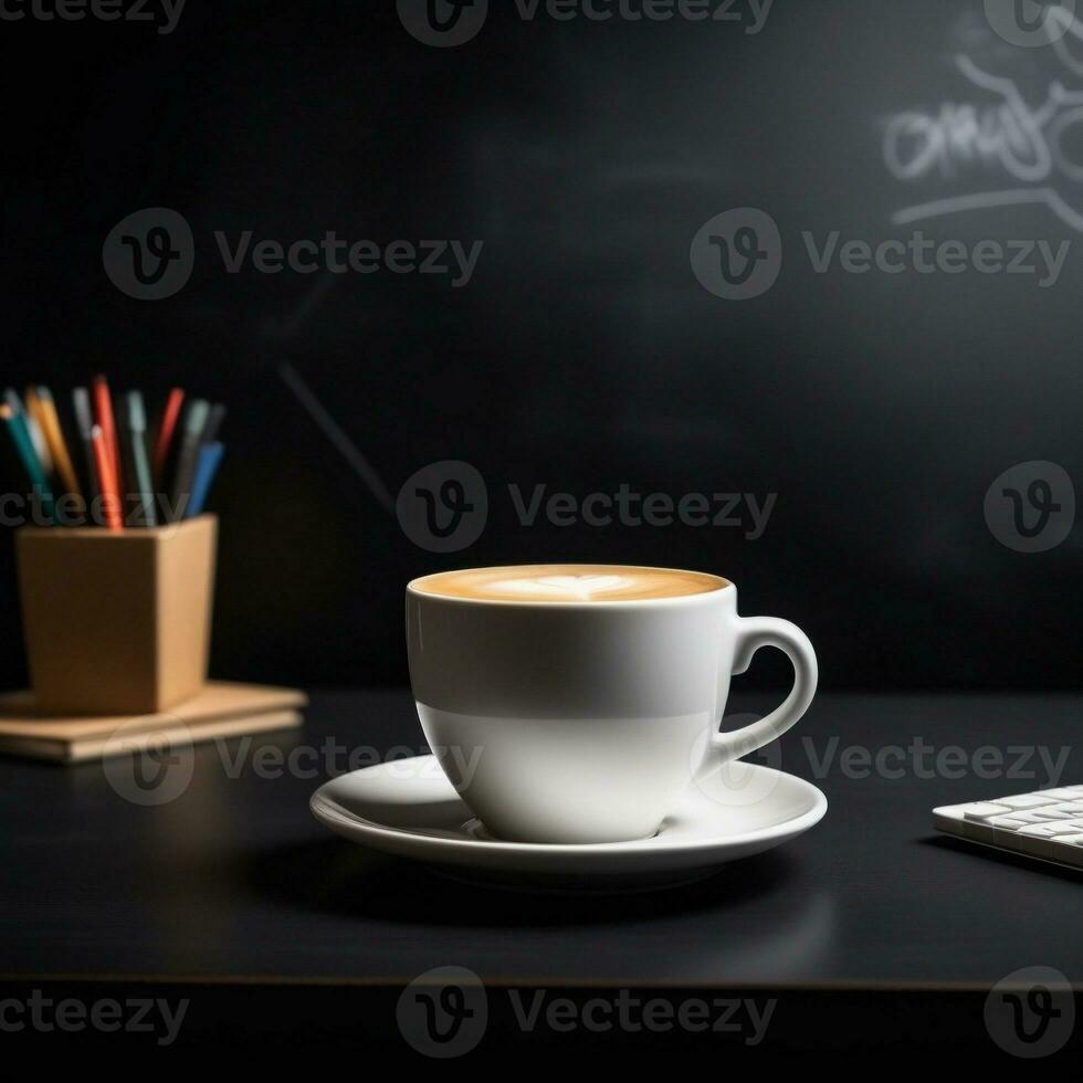 AI generated a cup of coffee next to a notebook office background. ai generative photo