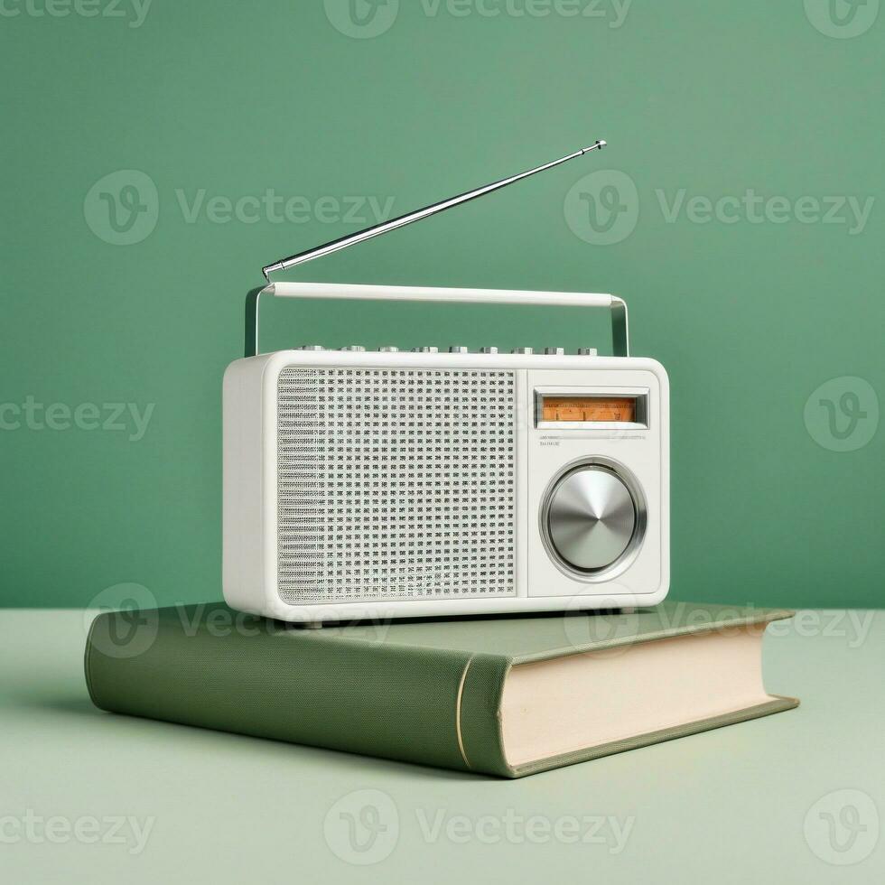 AI generated A modern radio in a plain white vintage design sits on top of a plain white hardcover book. Isolated on green background. ai generative photo