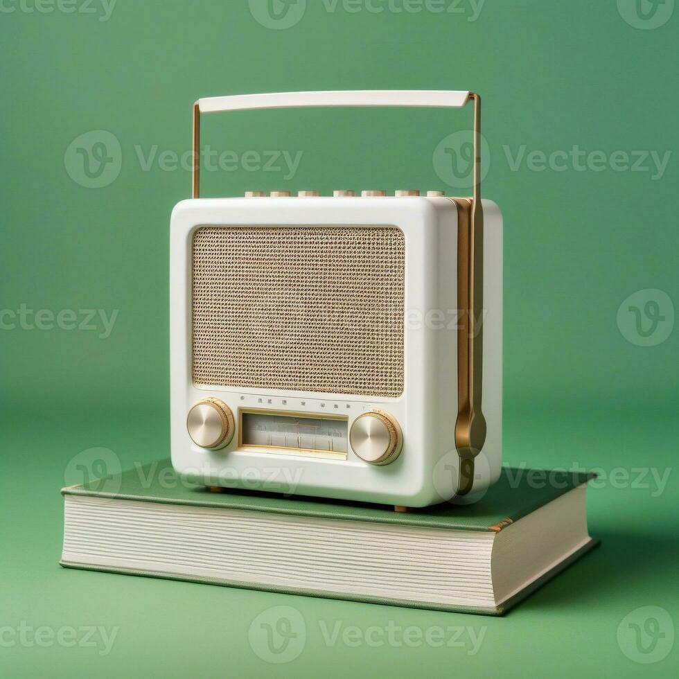 AI generated A modern radio in a plain white vintage design sits on top of a plain white hardcover book. Isolated on green background. ai generative photo