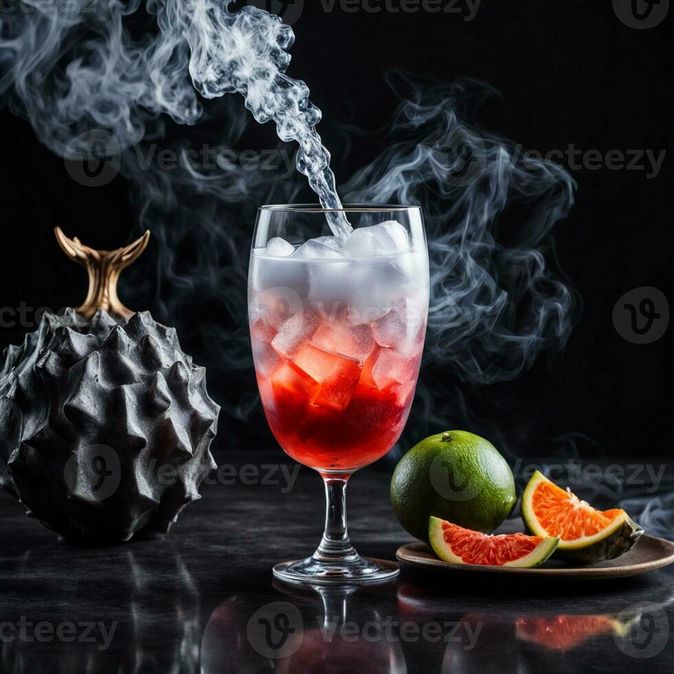 AI generated Dragon's Breath Elixir, A mesmerizing drink featuring a smoky effect created with dry ice. ai generative photo