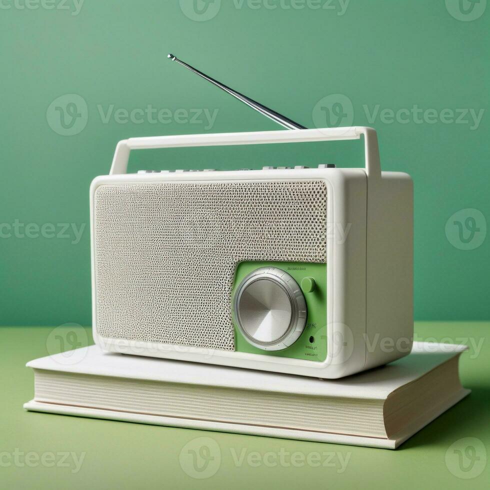 AI generated A modern radio in a plain white vintage design sits on top of a plain white hardcover book. Isolated on green background. ai generative photo