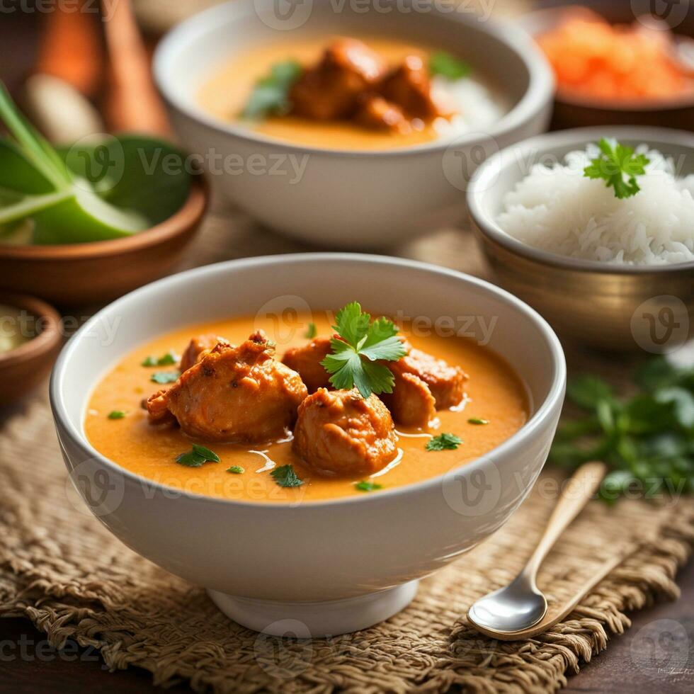 ai generado indio mantequilla pollo con infusión de azafrán basmati arroz. ai generativo foto