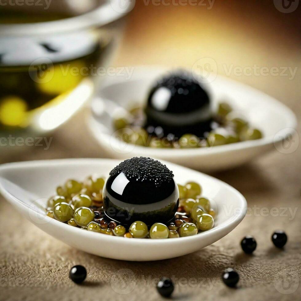 AI generated Appetizer, Liquid olive spheres with balsamic caviar. ai generative photo