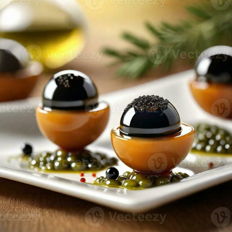 AI generated Appetizer, Liquid olive spheres with balsamic caviar. ai generative photo