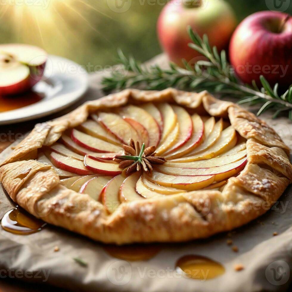 ai generado postre, manzana Romero galette con miel llovizna. ai generativo foto