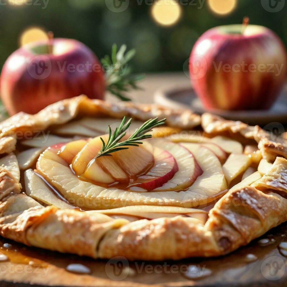 ai generado postre, manzana Romero galette con miel llovizna. ai generativo foto