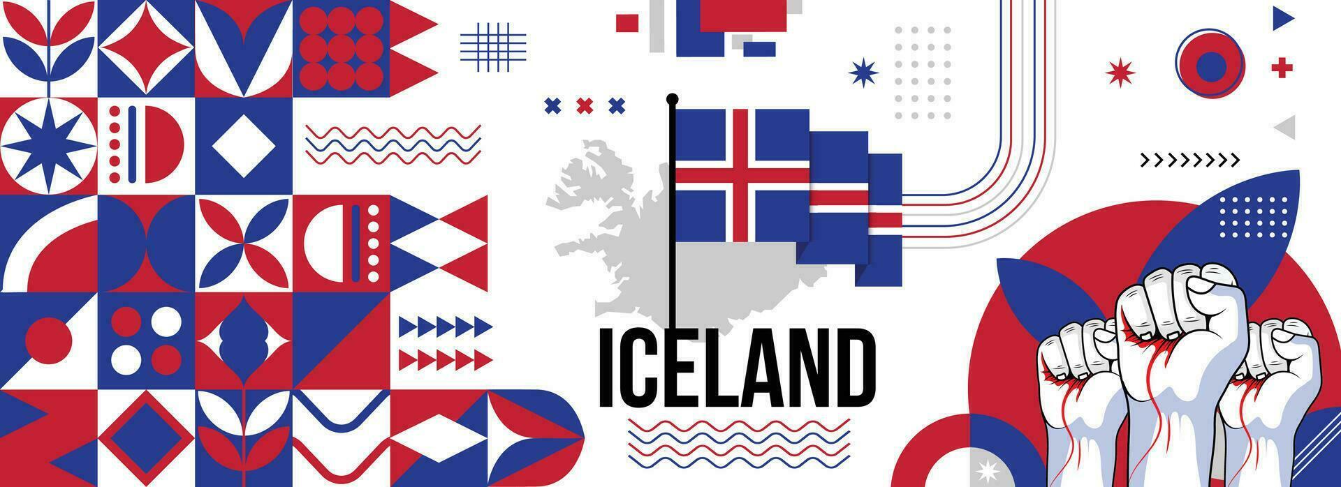 Iceland national or independence day banner for country celebration. Flag and map of Icelanders with raised fists. Modern retro design with typorgaphy abstract geometric icons. Vector illustration