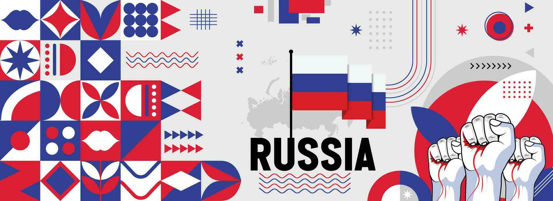 Russia national or independence day banner for country celebration. Flag and map of Russian with raised fists. Modern retro design with typorgaphy abstract geometric icons. Vector illustration