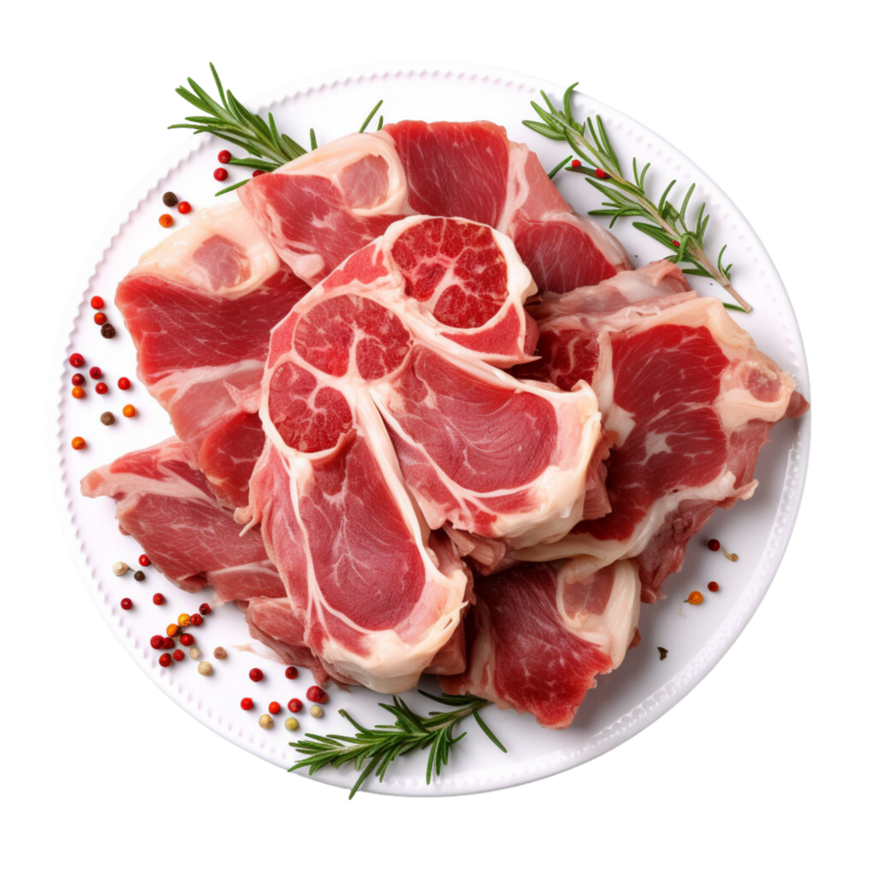 AI generated Raw goat shoulder meat on a plate on a transparent background. png