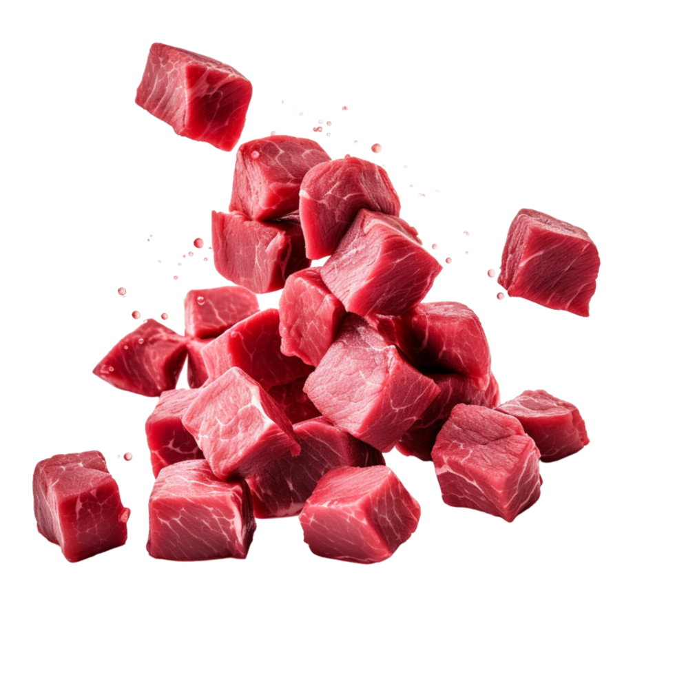 AI generated Falling meat beef cubes isolated on a transparent background. png