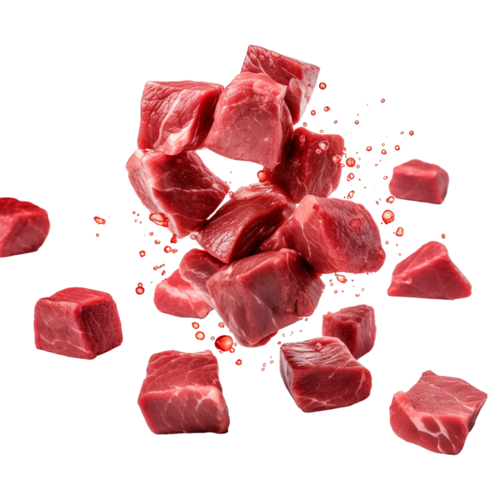 AI generated Falling meat beef cubes isolated on a transparent background. png