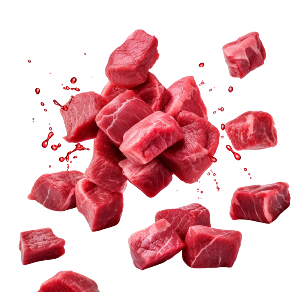 AI generated Falling meat beef cubes isolated on a transparent background. png