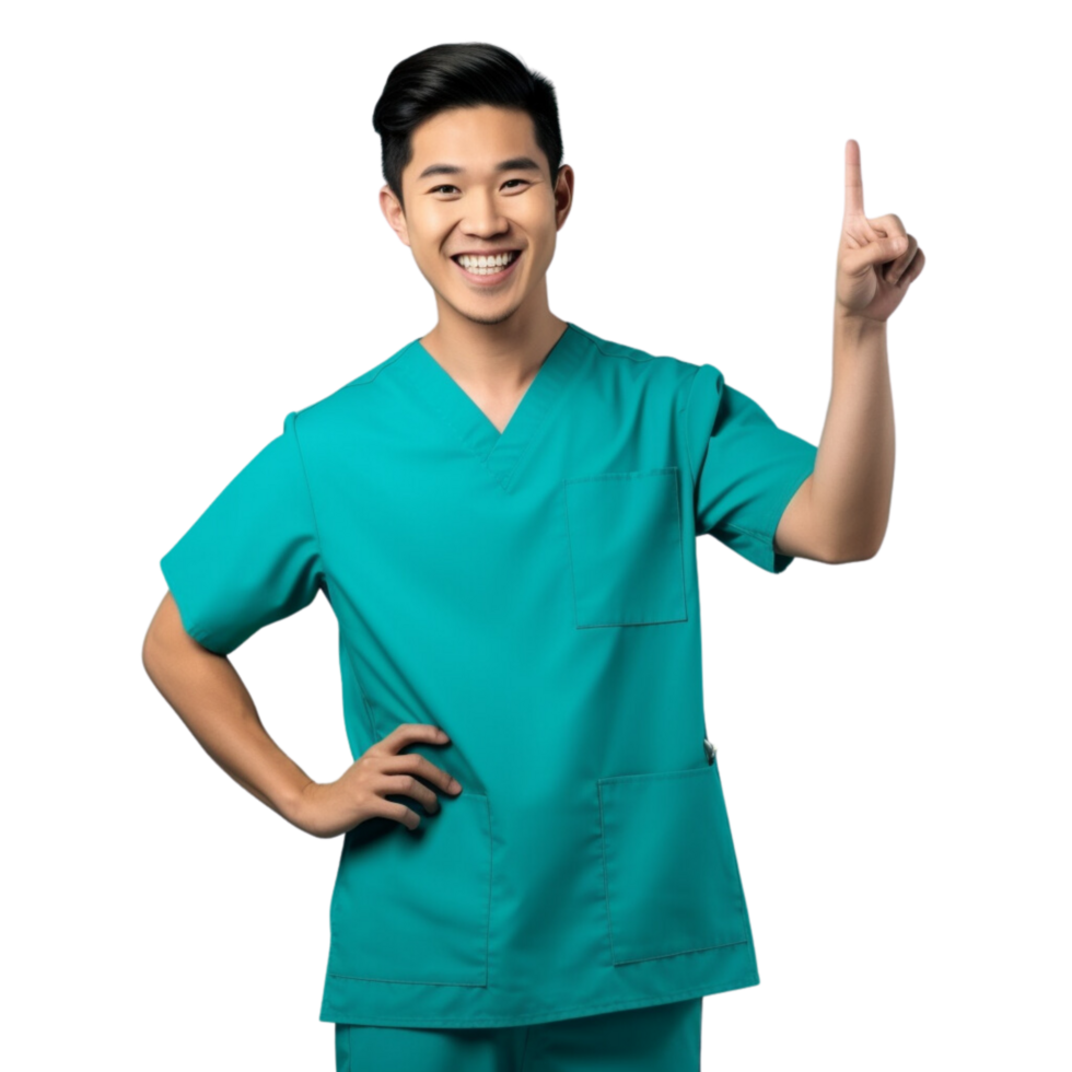 AI generated Young nurse Asian man isolated smiling and pointing on transparent background. png