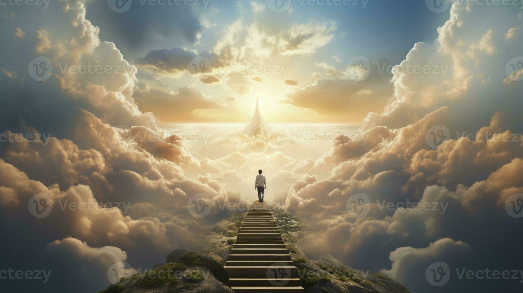 AI generated A man walking up the stairs to heaven photo