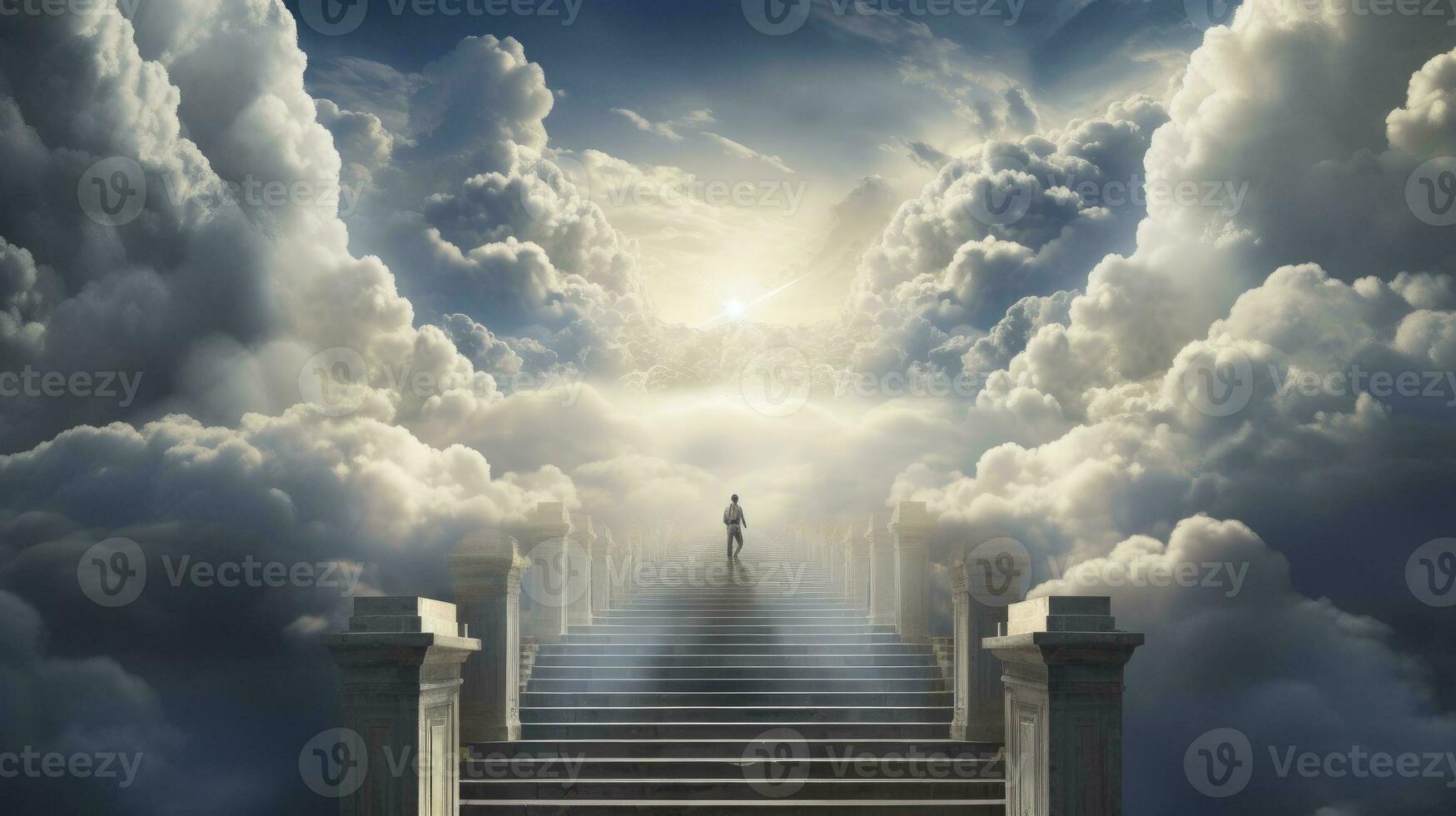 AI generated A man walking up the stairs to heaven photo