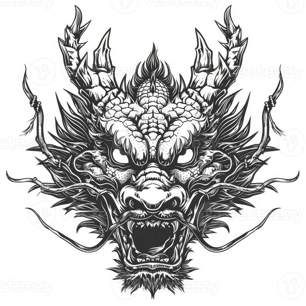 AI generated Black and white line drawing simple logo Japanese three-eyed dragon head. photo