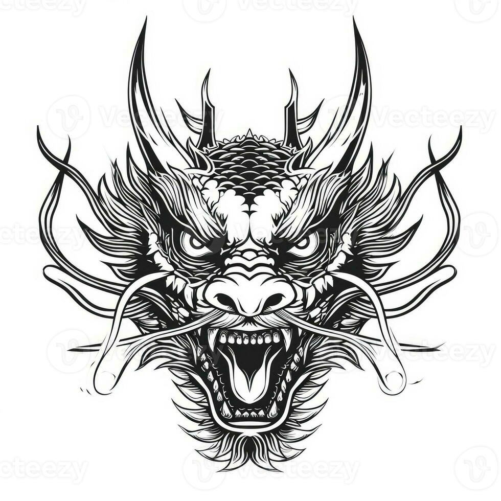 AI generated Black and white line drawing simple logo Japanese three-eyed dragon head. photo