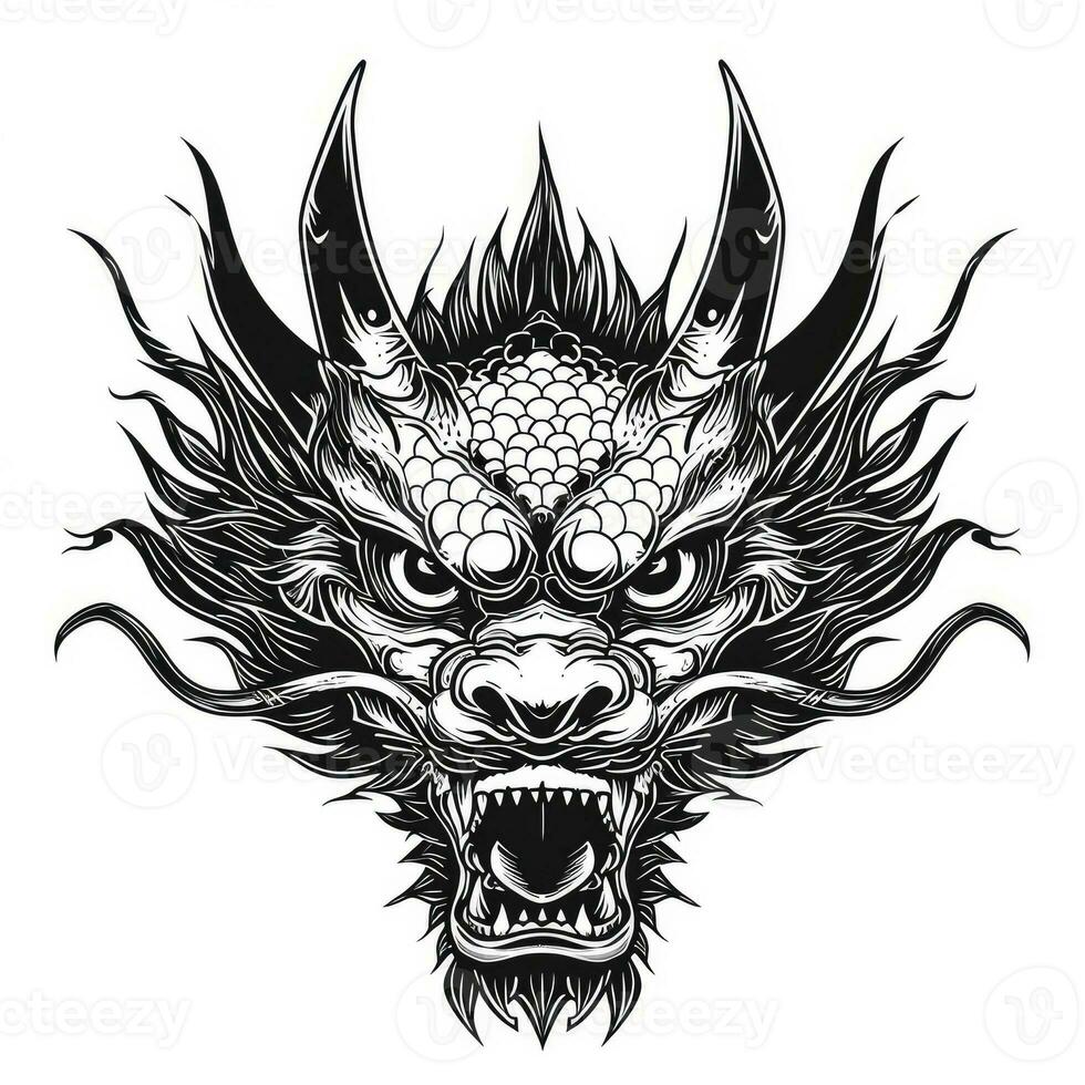 AI generated Black and white line drawing simple logo Japanese three-eyed dragon head. photo