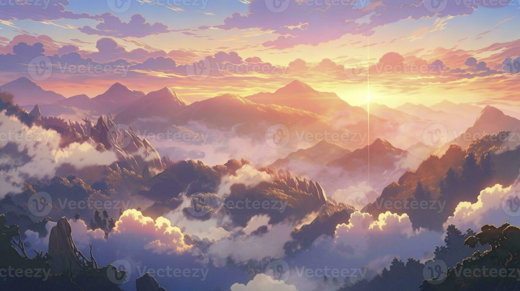 AI generated An enchanting anime landscape of a mist-covered mountain range during sunrise photo