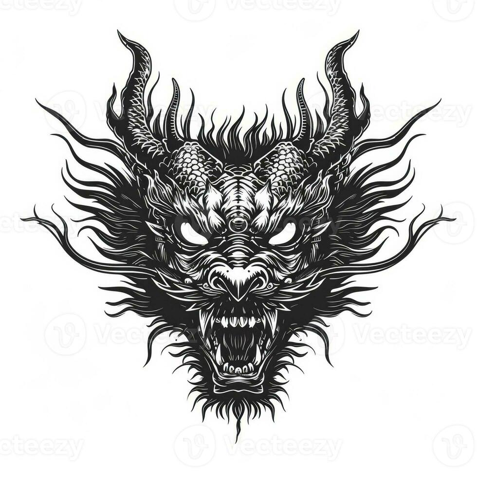 AI generated Black and white line drawing simple logo Japanese three-eyed dragon head. photo