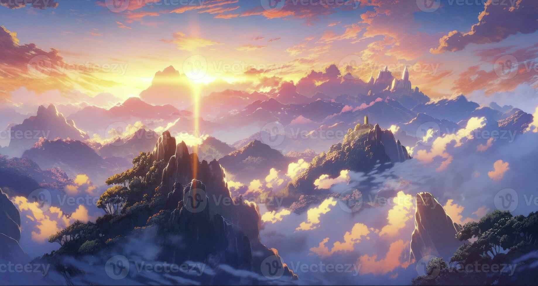 AI generated An enchanting anime landscape of a mist-covered mountain range during sunrise photo