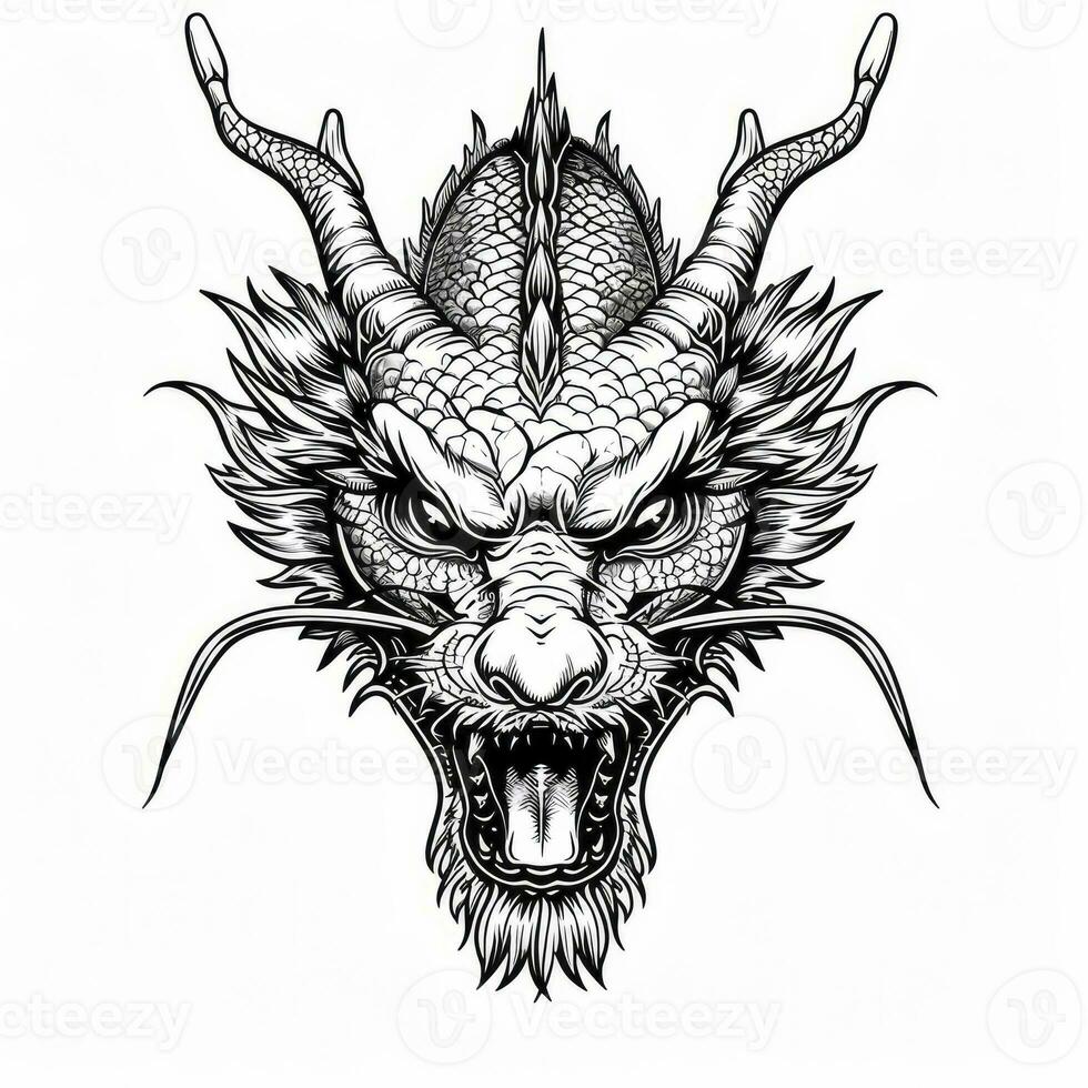 AI generated Black and white line drawing simple logo Japanese three-eyed dragon head. photo