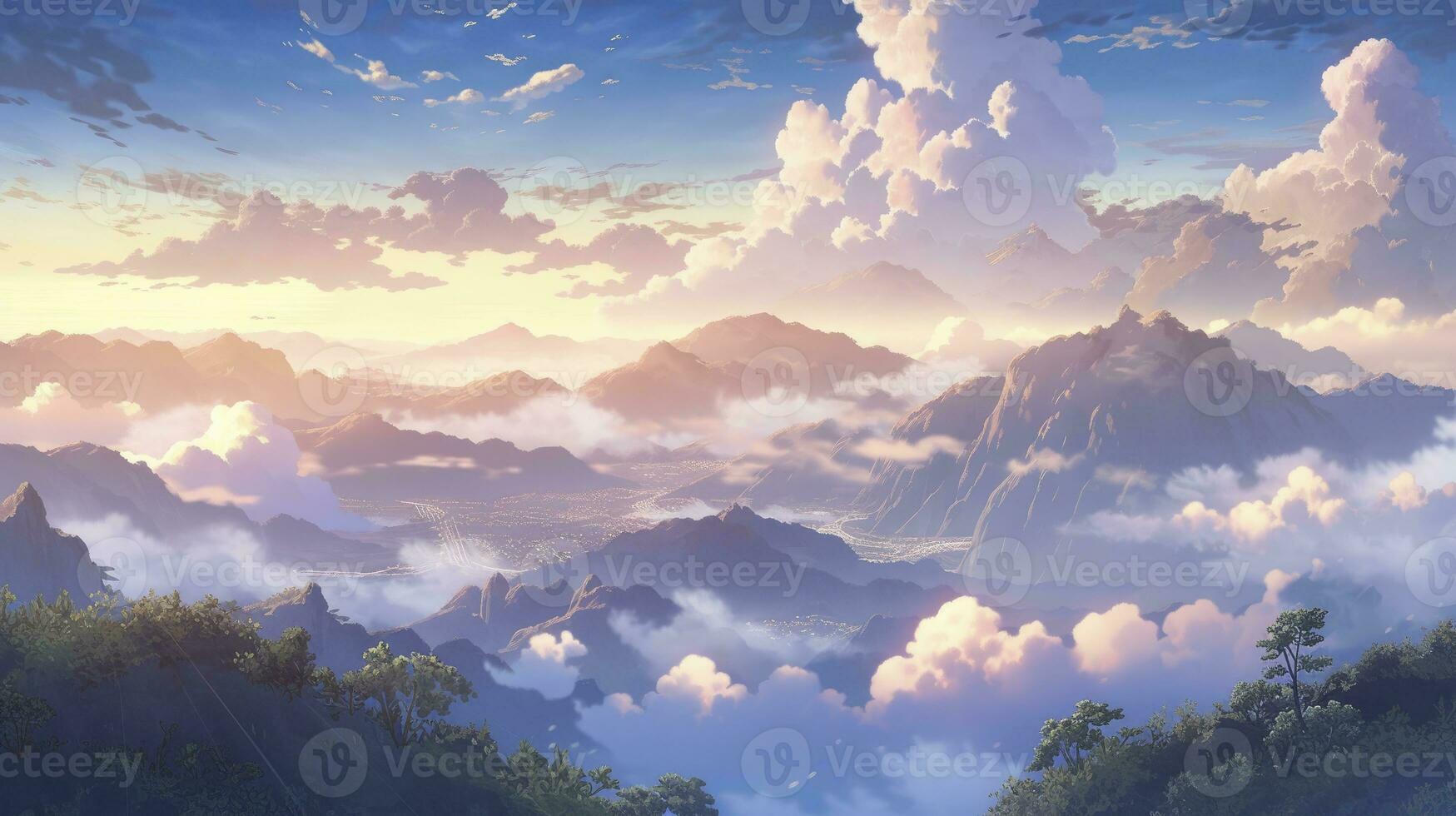 AI generated An enchanting anime landscape of a mist-covered mountain range during sunrise photo
