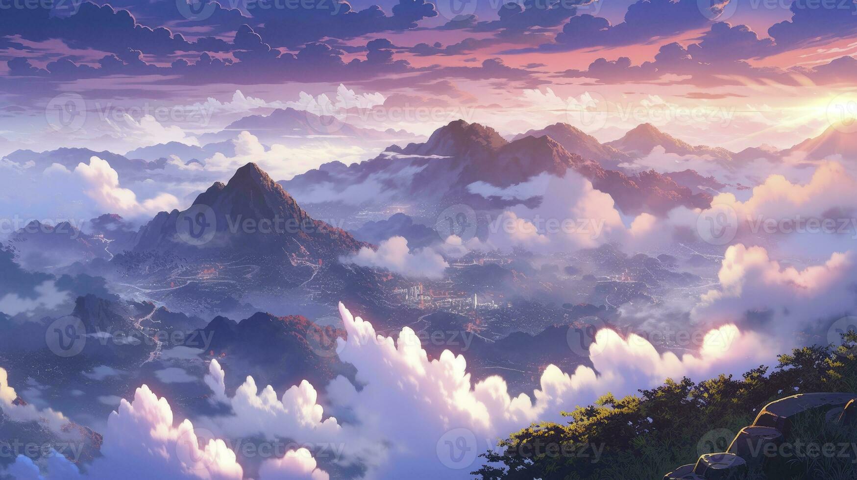AI generated An enchanting anime landscape of a mist-covered mountain range during sunrise photo