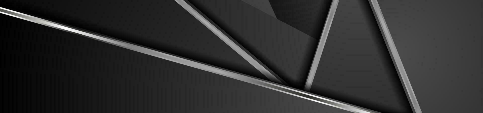 Black abstract banner design with silver metallic stripes vector