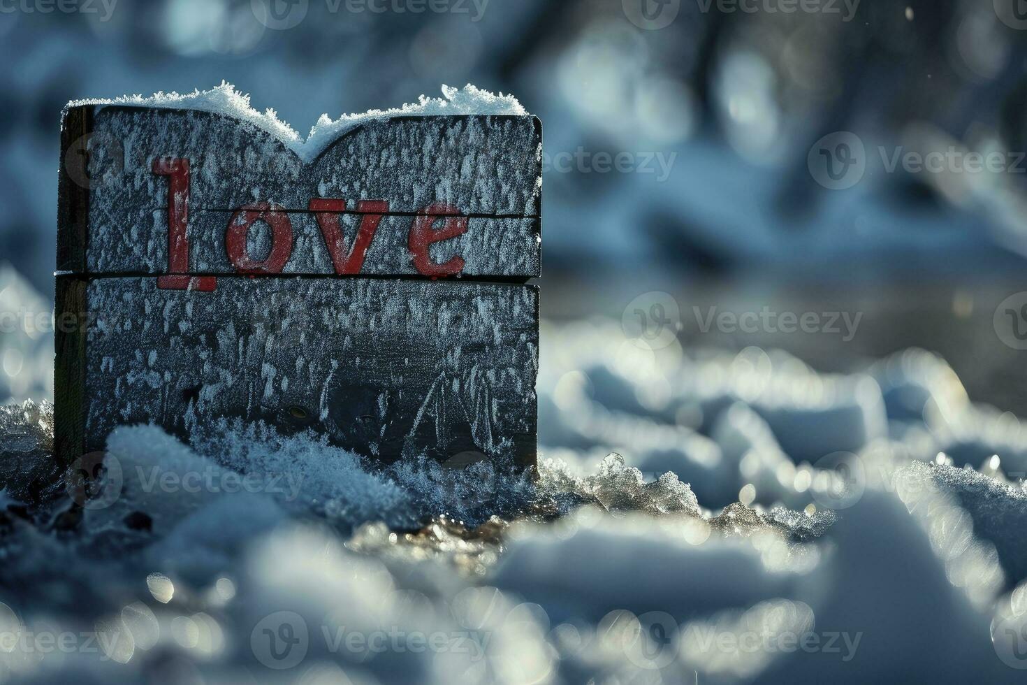 AI generated Love inscription on snow and frost on frosty winter day photo