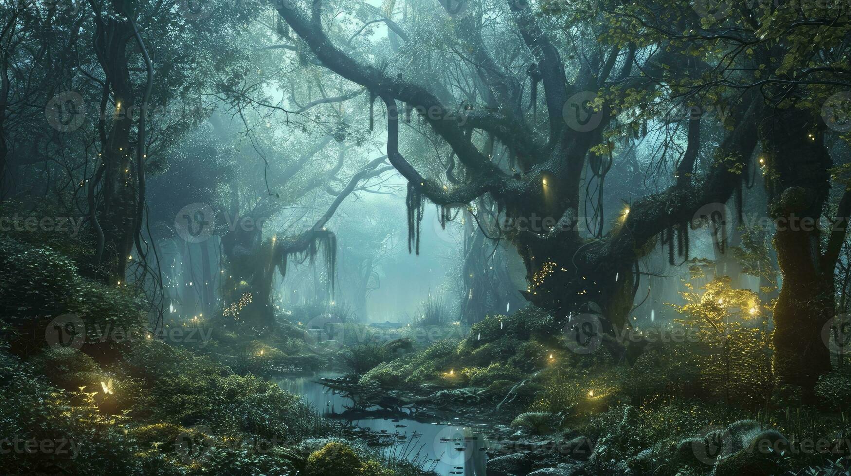 AI generated Magical fantasy fairy tale scenery, night in a forest. photo