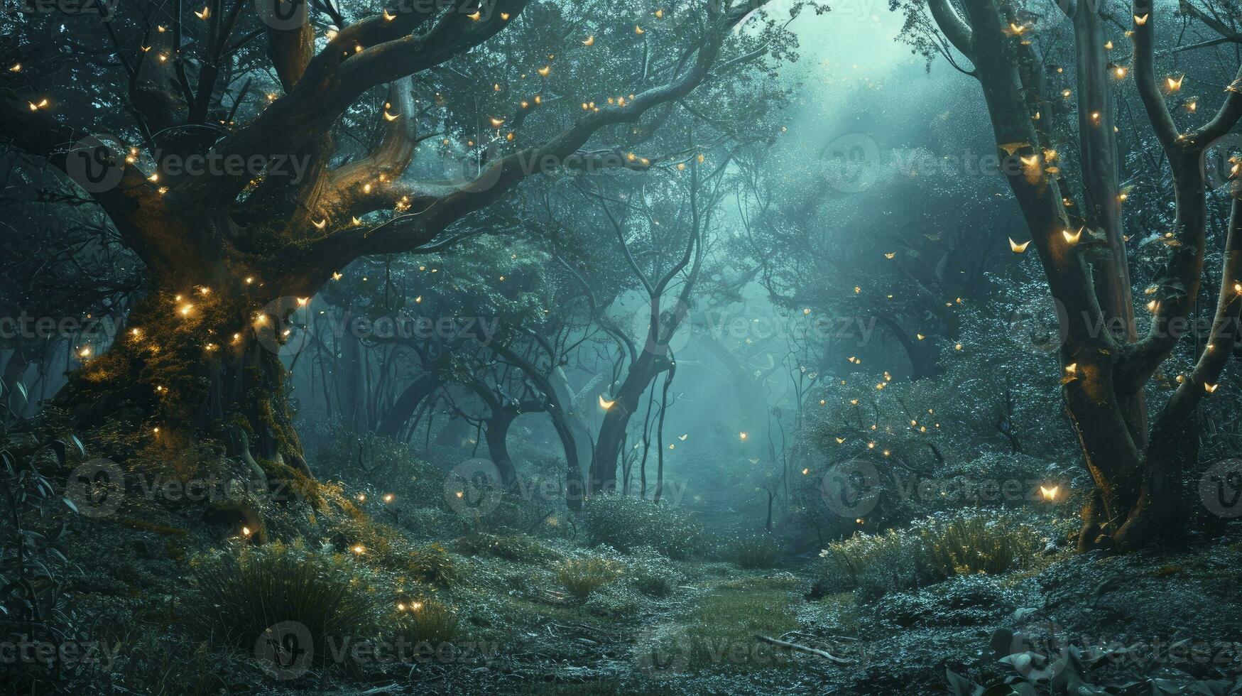 ai generado mágico fantasía hada cuento escenario, noche en un bosque. foto