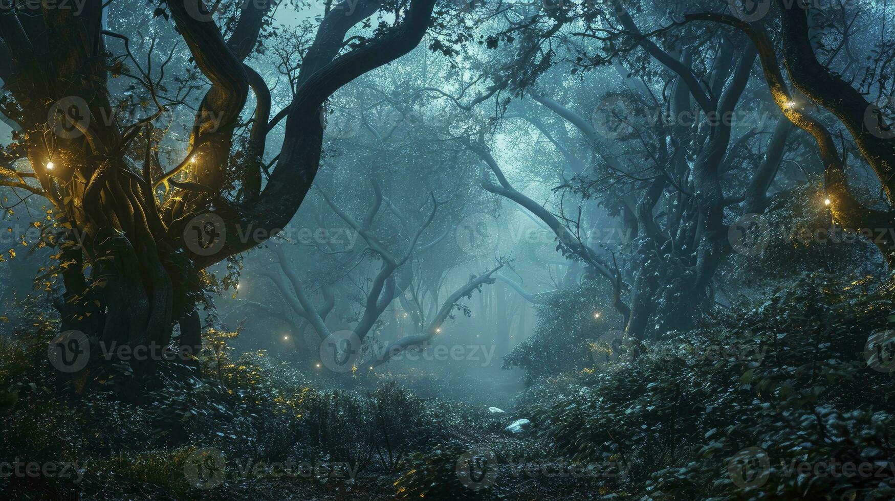 ai generado mágico fantasía hada cuento escenario, noche en un bosque. foto