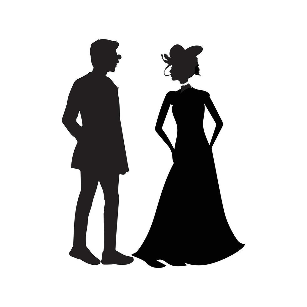 Man, Woman and kids standing silhouette. Group in formal dress. Shillouette romantic couple picture. Silhouettes of People. vector