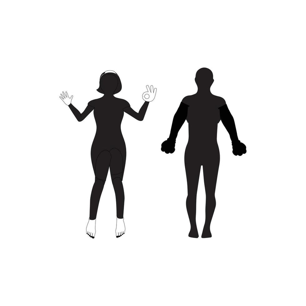 Human full body icon illustrations . Black silhouettes of men and women on a white background. Male and female gender. Figure of human body. vector