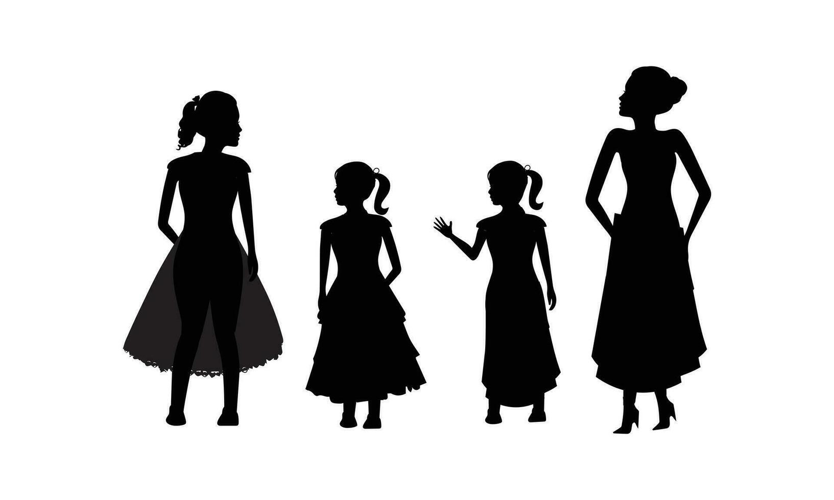 hombre, mujer y niños en pie silueta. grupo en formal vestido. shillouette romántico Pareja fotografía. siluetas de gente. vector