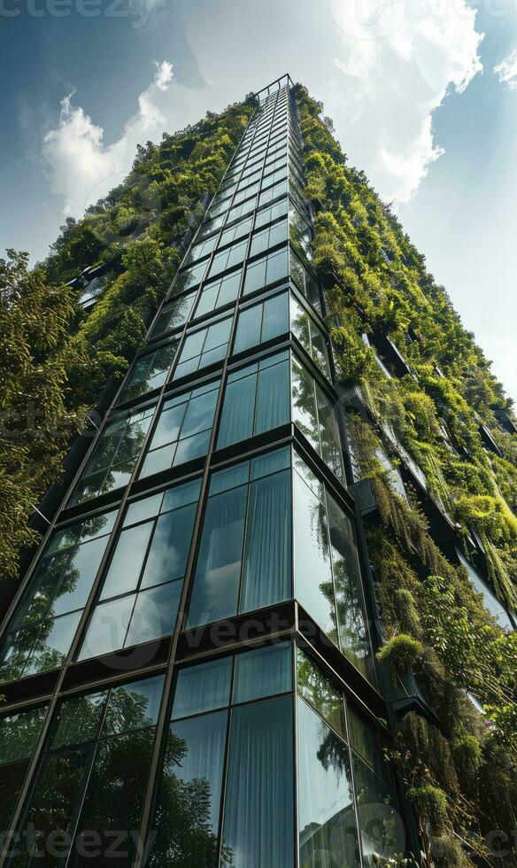 AI generated Realistic photo of a vertical garden skyscraper, glass office building tower, modern building.