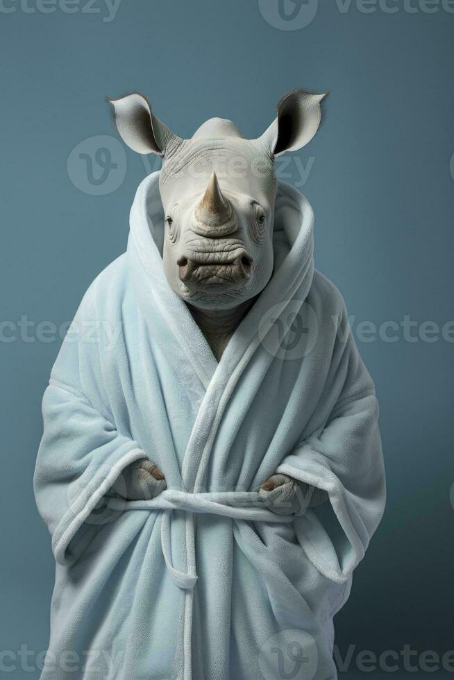 AI generated Rhinoceros with bathrobe pastel blue background photography photo