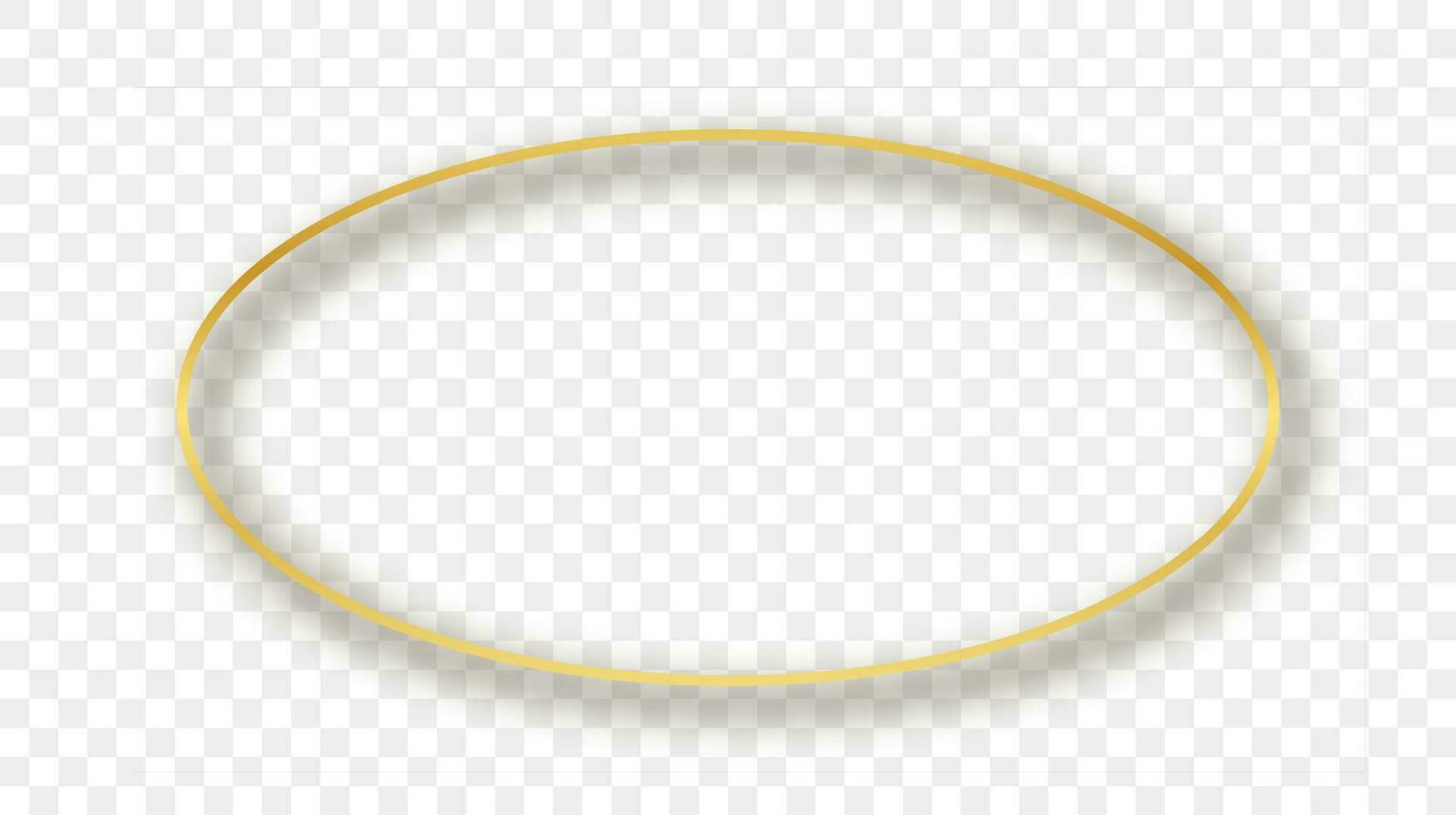 Gold glowing oval shape frame with shadow isolated on background. Shiny frame with glowing effects. Vector illustration.