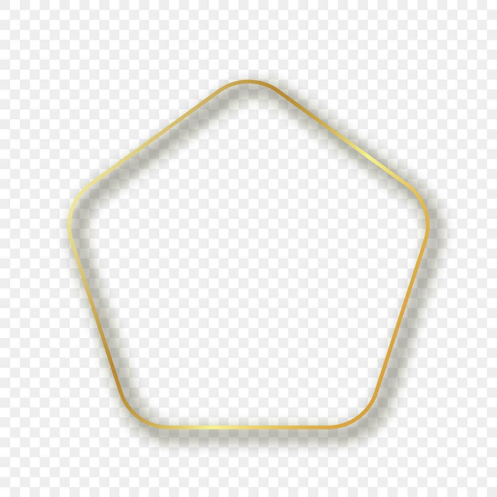 Gold glowing rounded pentagon shape frame with shadow isolated on background. Shiny frame with glowing effects. Vector illustration.