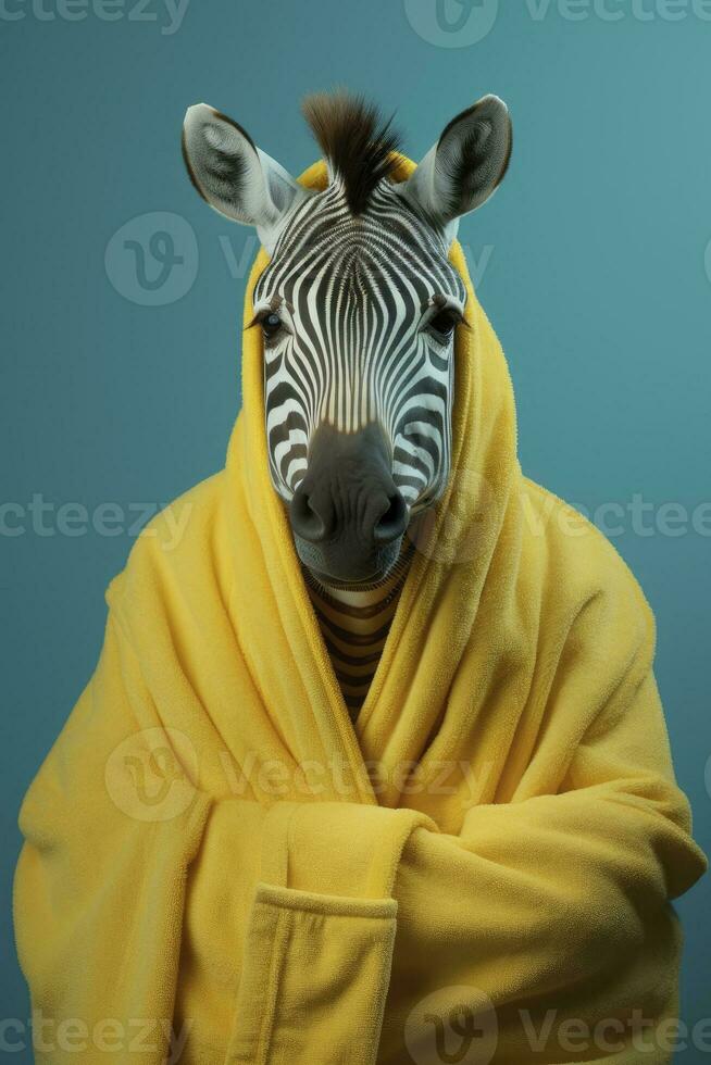 AI generated Portrait of a zebra wearing bathrobe with pastel blue background photo