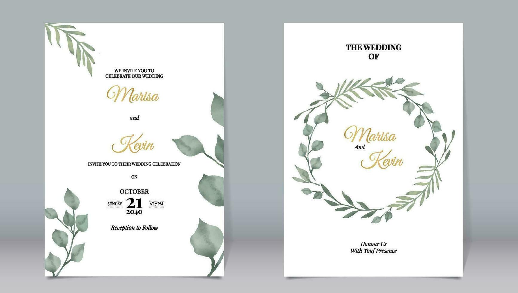 Elegant wedding invitation with watercolor style of circular shaped eucalyptus leaves and white background vector