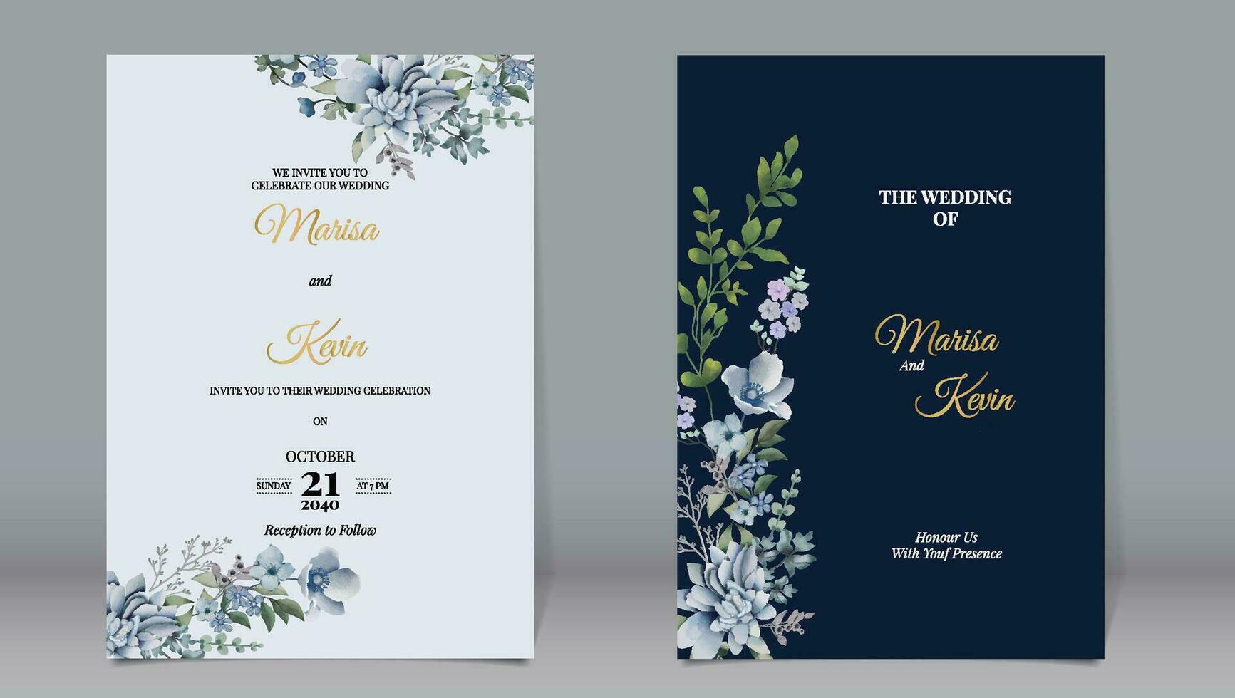 Elegant wedding invitation with various watercolor style leaves and dark blue background vector