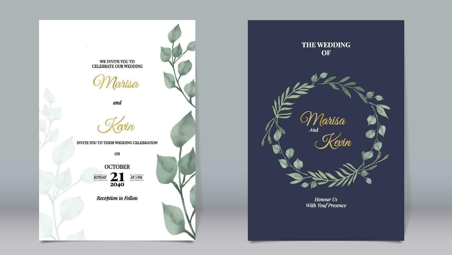 Elegant wedding invitation with watercolor style eucalyptus leaves and blue background vector