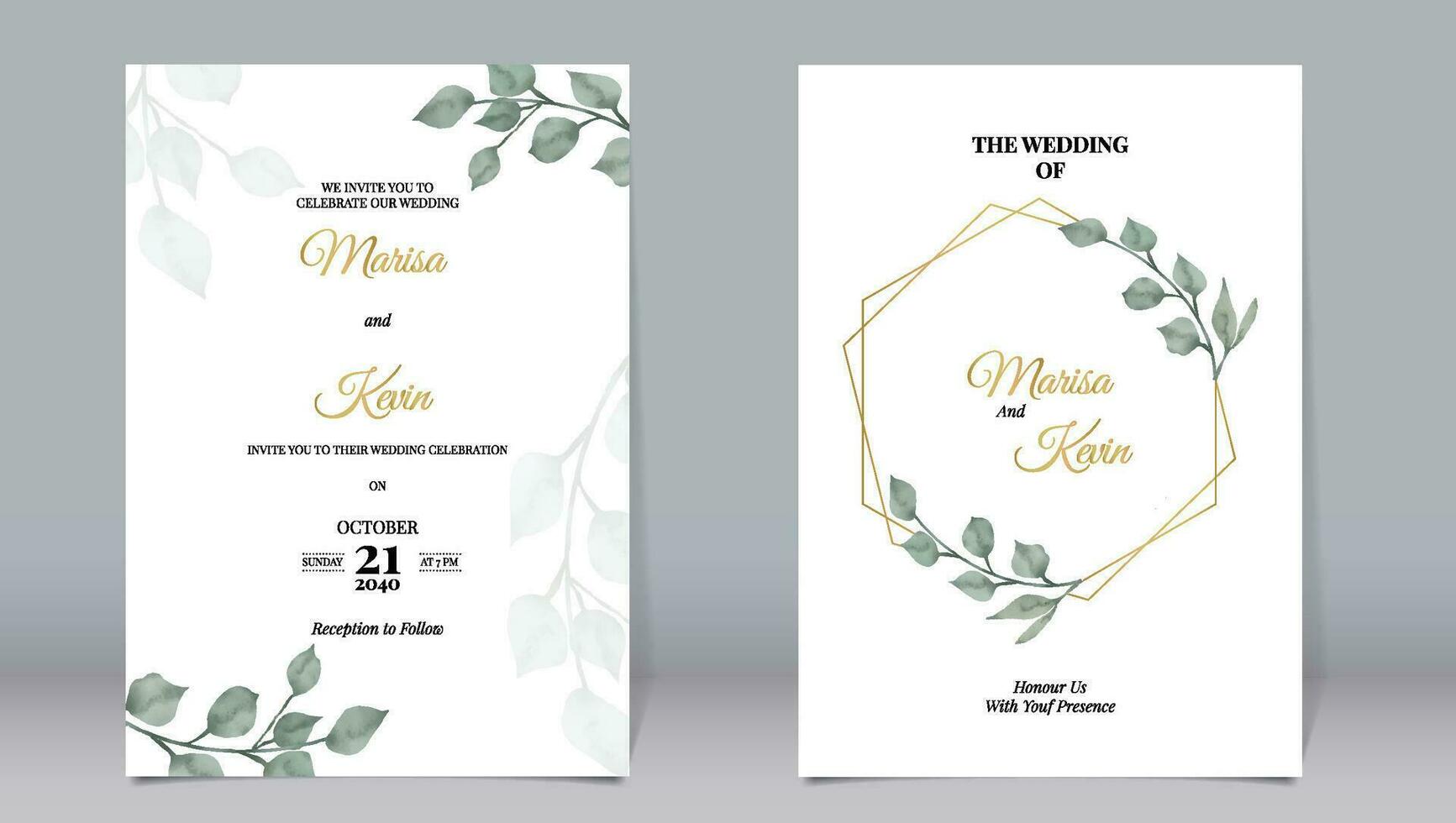 Elegant wedding invitation with watercolor style of eucalyptus leaves and white background vector