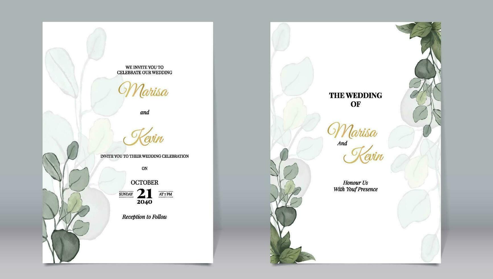 Elegant wedding invitation with watercolor style of eucalyptus leaves and white background vector