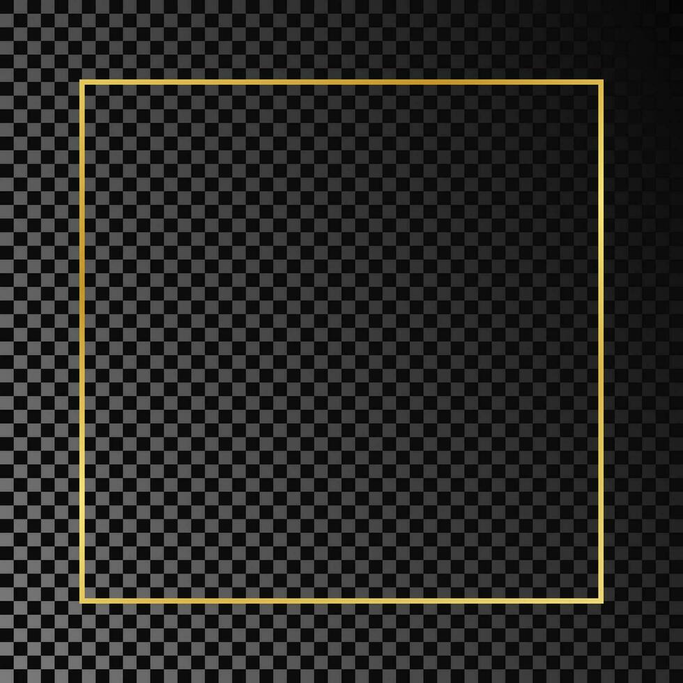 Gold glowing square frame isolated on dark background. Shiny frame with glowing effects. Vector illustration.