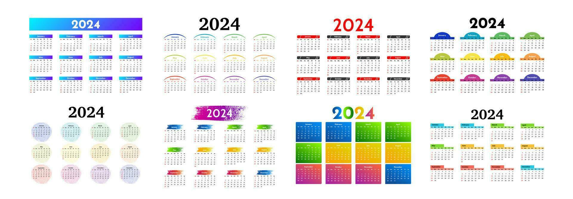Set of eight calendars for 2024 isolated on a white background. Sunday to Monday, business template. Vector illustration